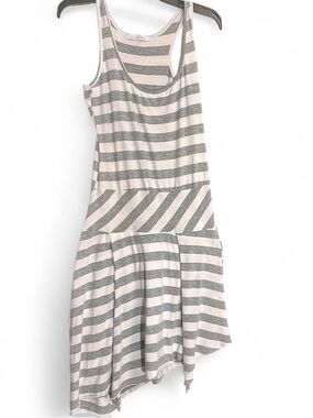 Charlotte Russe Striped Tank Dress in Cream and Light Gray Asymmetrical Hem L